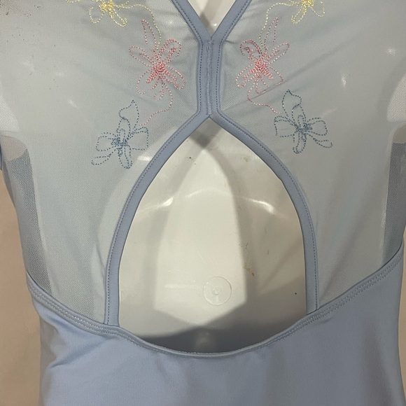 Bloch girls' leotard pastel blue 8-10 zip front cap sleeve sheer embroidery back - Picture 4 of 7